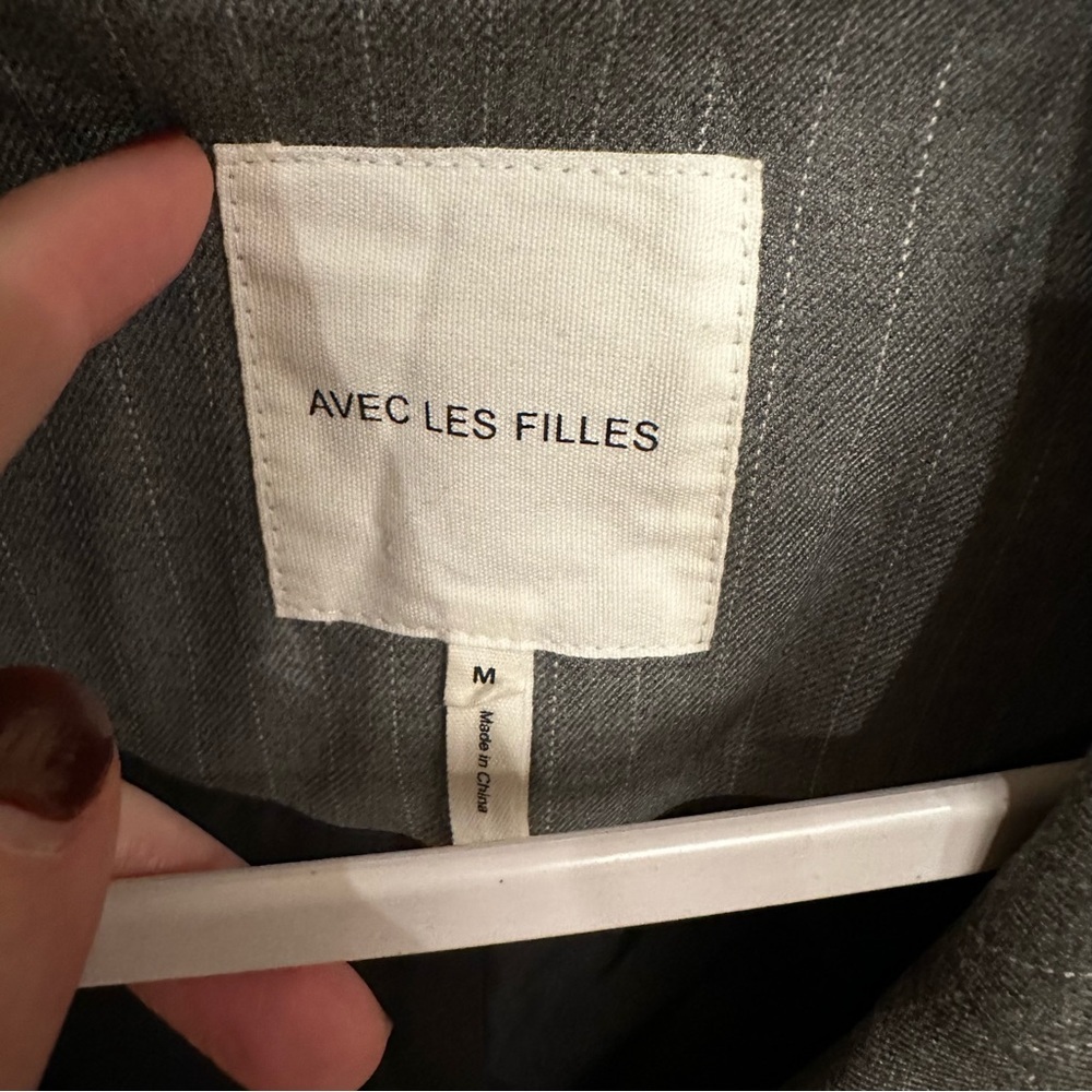 Avec Les Filles Women’s Grey Pinstriped Belted Blazer Jacket Suit Offixe Wear - Picture 6 of 13